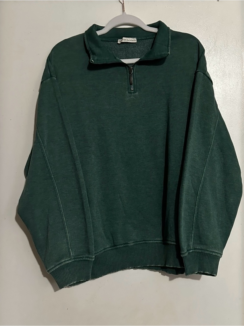 Zenana Acid Wash Half Zip Sweatshirt Dark Green - Size Large - Picture 2 of 4